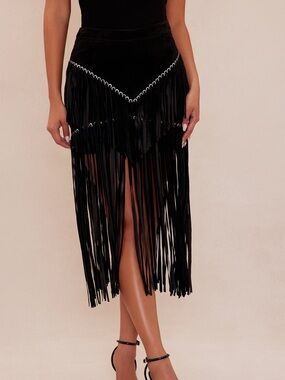 Fashion Nova Black Fringe Midi Skirt